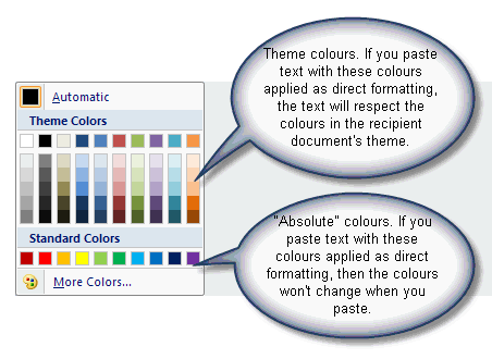 The dialog used to apply colours to text distinguishes between Theme colours and "absolute" colours