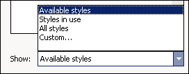 The options in the Show box of the Styles and Formatting pane depend on your Keep Track of Formatting setting