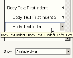 Zeigen Sie auf einen Stil Namen in den Bereich Formatvorlagen und Formatierung, um eine Beschreibung des Stils zu sehen