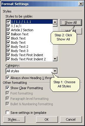 Um alle Formatvorlagen in Word 2003 zu sehen, wählen Sie "Alle Formatvorlagen" in der Kategorie, und klicken Sie auf 'Alle'