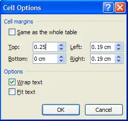 Dialog box to set cell margins in a table cell