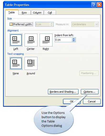 Table Properties dialog box