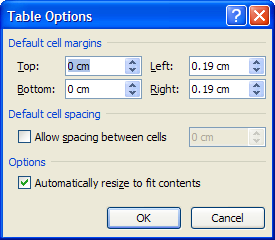Dialog box to set cell margins in a table