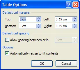 Dialog box to set cell margins in a table