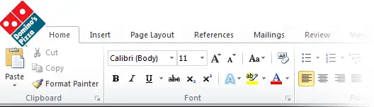 A ausgetrickst up gefälschte Screenshot angeblich Microsoft Word sein, zeigt eine Dominos Pizza logo anstelle der Word 2010 Schaltfläche Datei
