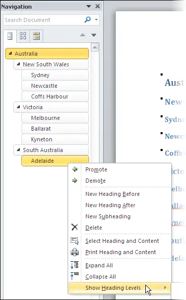 Die Document Map in Word 2010