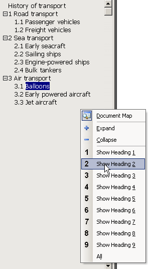 Innerhalb der Document Map mit der rechten Maustaste und wählen Sie Ihre Überschriftenebenen