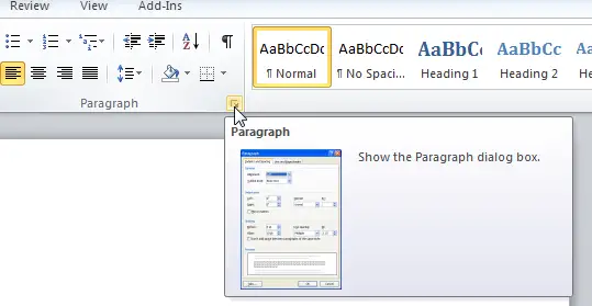 Dialog launcher in the Paragraph group of the Home tab of Word 2010