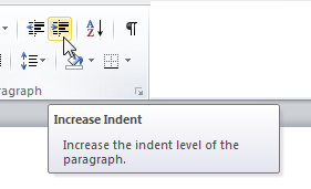 The Increase Indent button on the Word Home tab