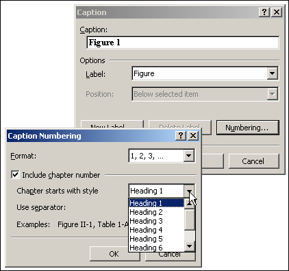 When you add chapter numbering to captions, the only available styles are the built-in heading styles.