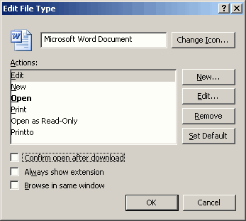 Auf dem Dateityp bearbeiten Dialogfeld, verwenden Sie die "Öffnen nach dem Download bestätigen" und die Felder "Im selben Fenster durchsuchen" zu steuern, wie Word-Dokumente aus dem Internet oder einem Intranet zu öffnen.