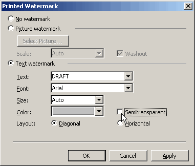 Un-tick the Semitransparent box when formatting a watermark