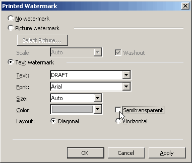 Un-tick Die semitransparente box beim Formatieren eines Wasserzeichens