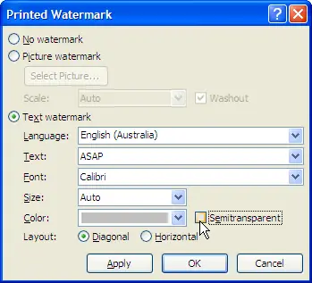 Un-tick the Semitransparent box when formatting a watermark